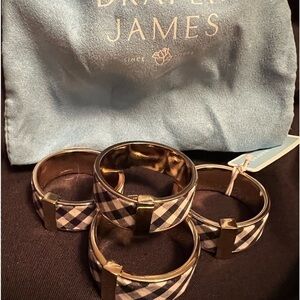 NWT Draper James Classic Navy Gingham Plaid Napkin Rings Gold Accent Set of Four